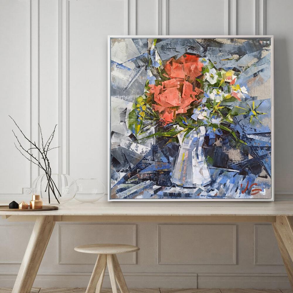 Oil painting Kaleidoscope of Bloom by Volodymyr Gluhomanyuk: vibrant coral and white flowers in silver vase on dynamic blue gray black background