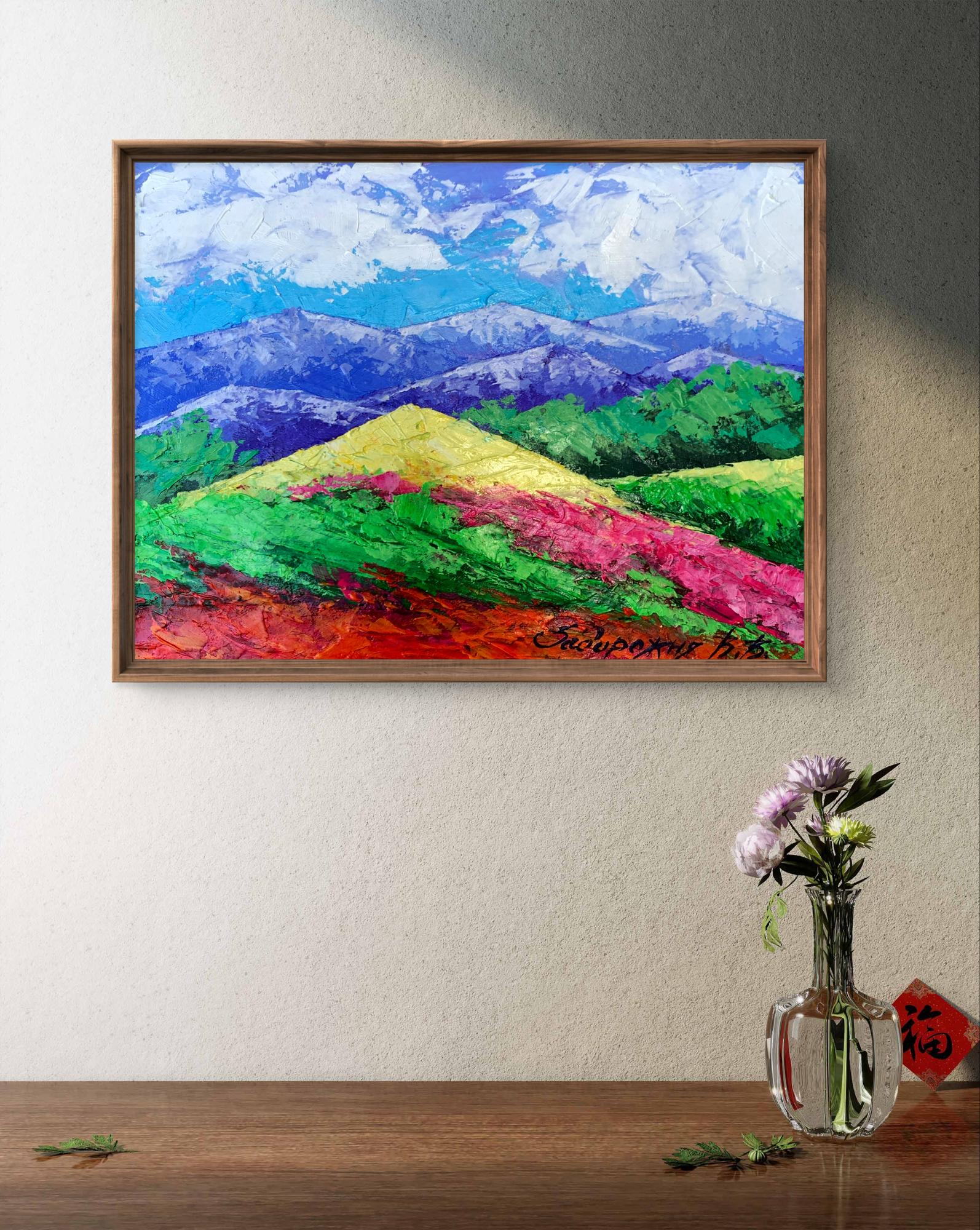 Oil painting of vibrant textured mountains and clouds by V. Zadorozhnya in wooden frame