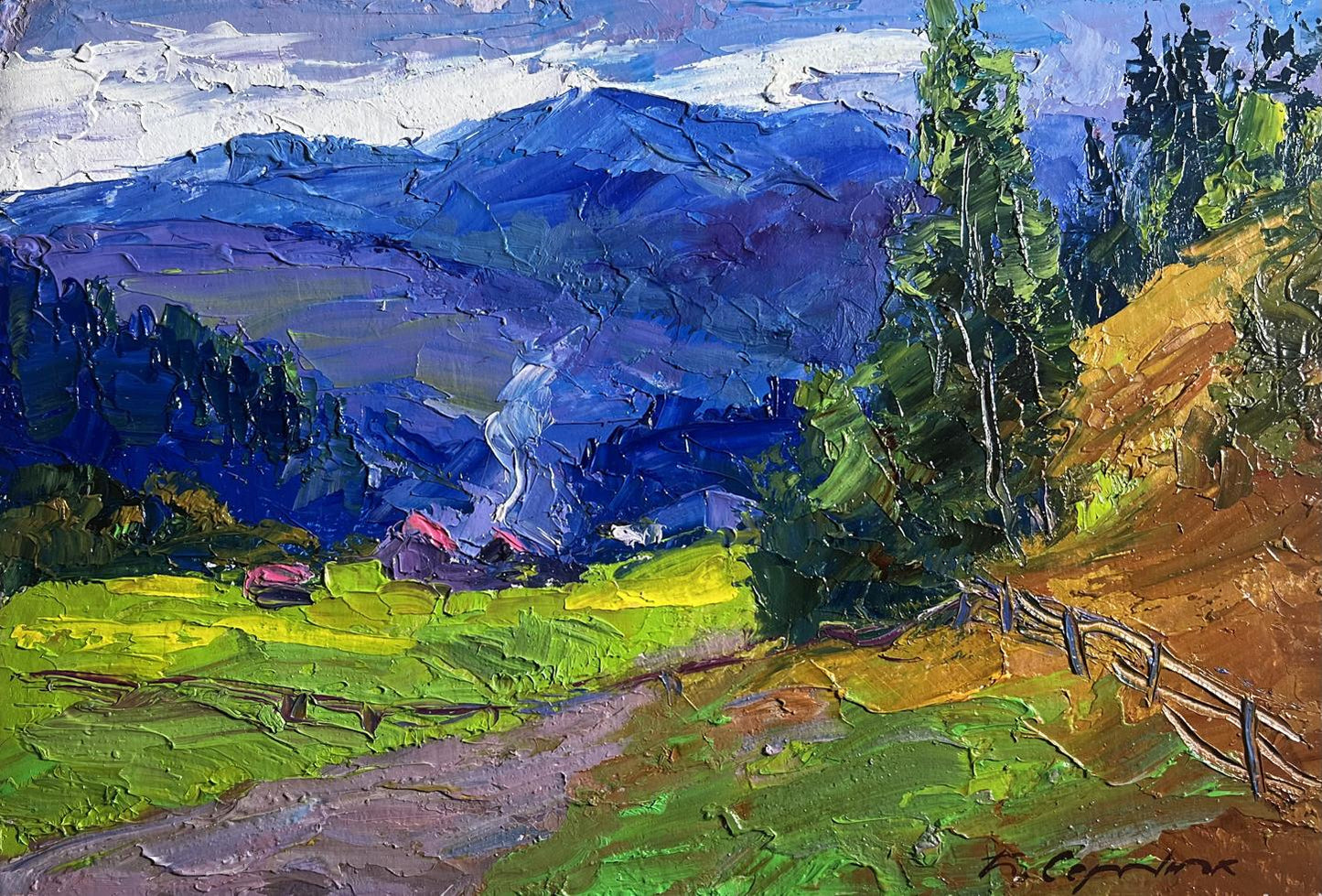 Vibrant impressionist oil painting of Boris Serdyuk village in mountains