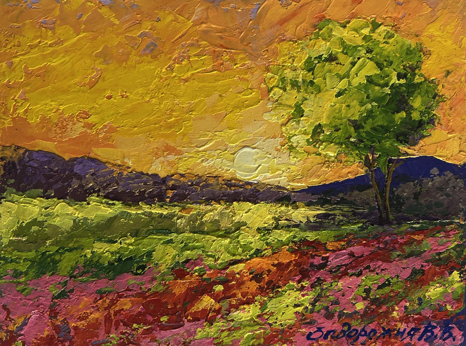 Vibrant impressionist oil painting Setting sun in the field by V. Zadorozhnya