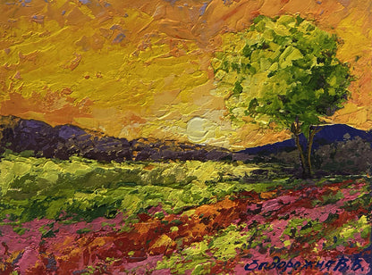 Vibrant impressionist oil painting Setting sun in the field by V. Zadorozhnya