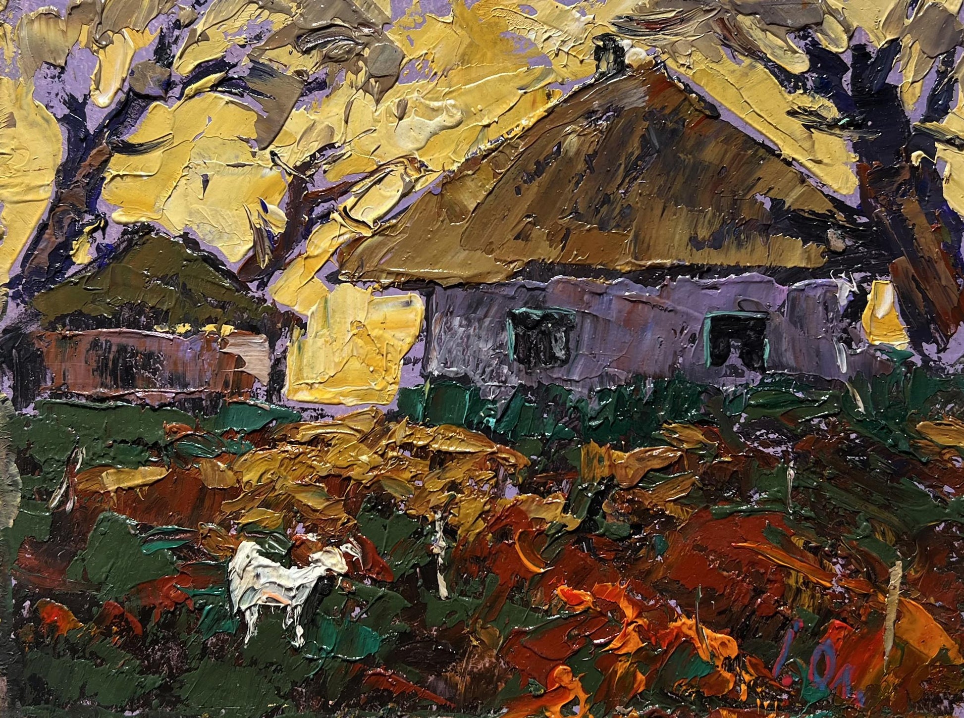 Oil painting of yellow sunset behind rustic thatched cottage by Oleksiy Ivanyuk