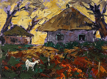 Oil painting of yellow sunset behind rustic thatched cottage by Oleksiy Ivanyuk