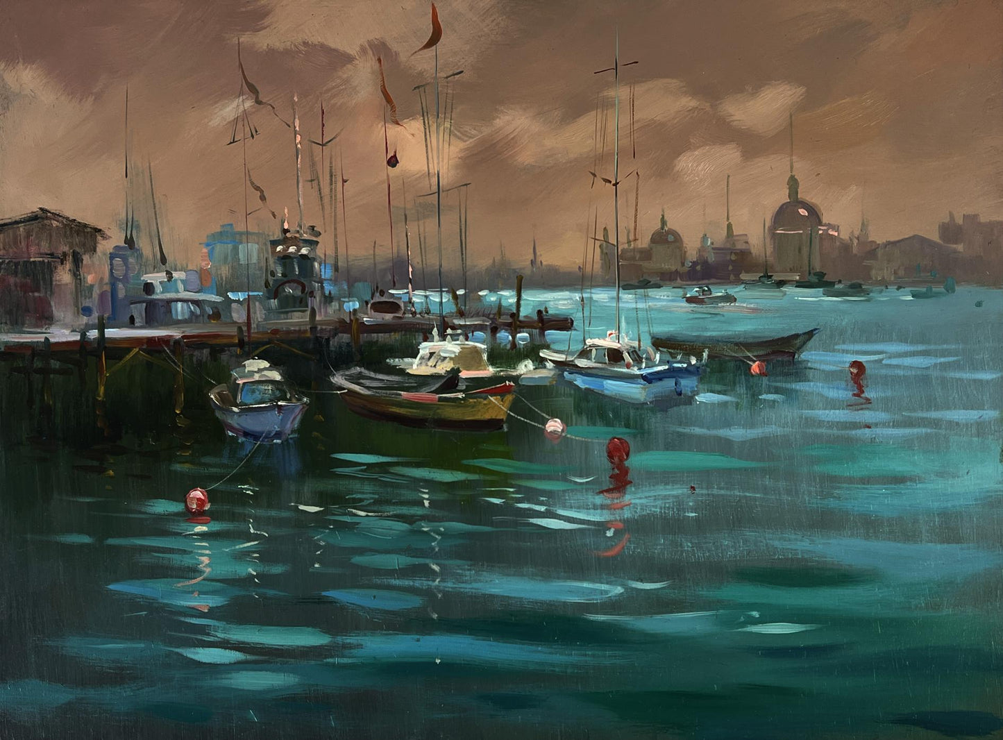 Oil painting Sunset at the city pier by Yuriy Suprunchuk serene harbor scene
