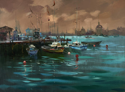 Oil painting Sunset at the city pier by Yuriy Suprunchuk serene harbor scene