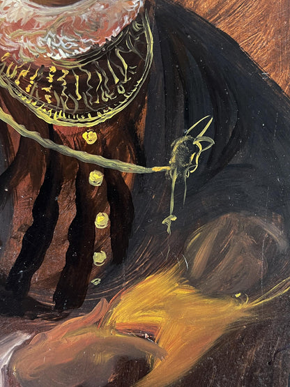 Dark ornate oil painting of mustached man by Alexander Litvinov with gold accents