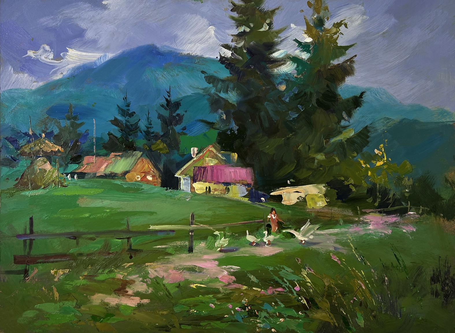 Vibrant oil painting of Yuriy Suprunchuk village in mountains with hills cottages