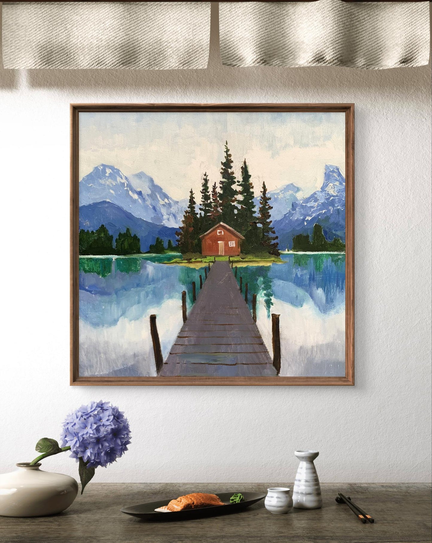 Oil painting Hut on the Lake by Tatyana Derdey: serene lakeside cabin scene