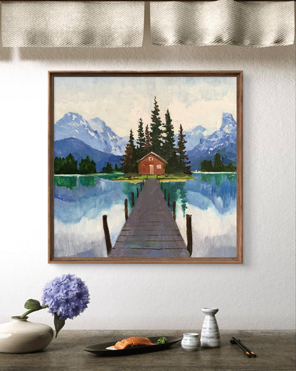 Oil painting Hut on the Lake by Tatyana Derdey: serene lakeside cabin scene