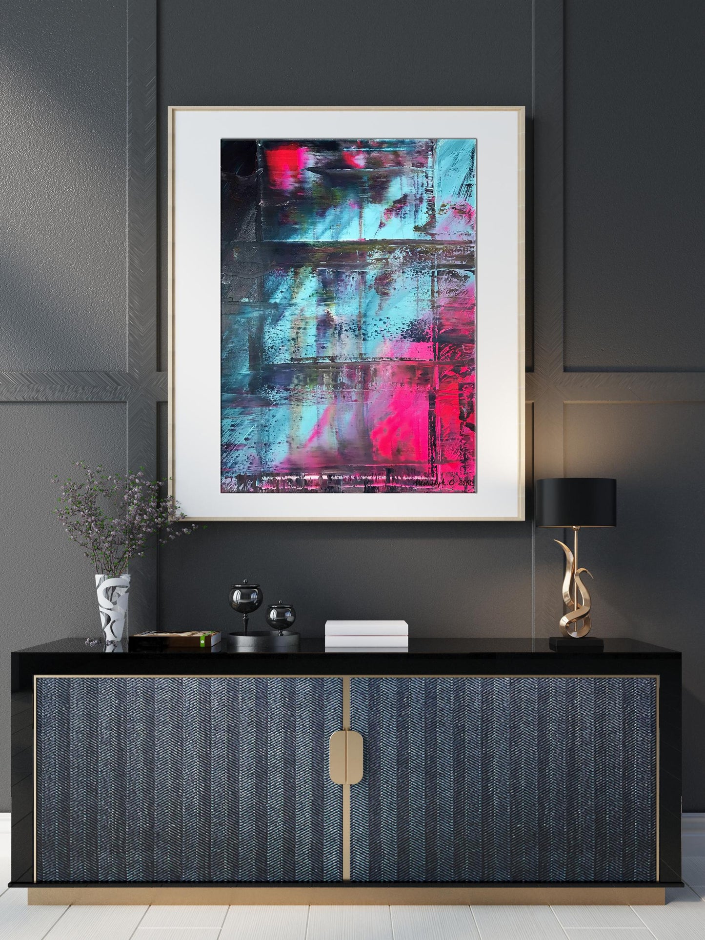 Acrylic painting My kingdom by Olga Melezhik, pink teal abstract in white frame