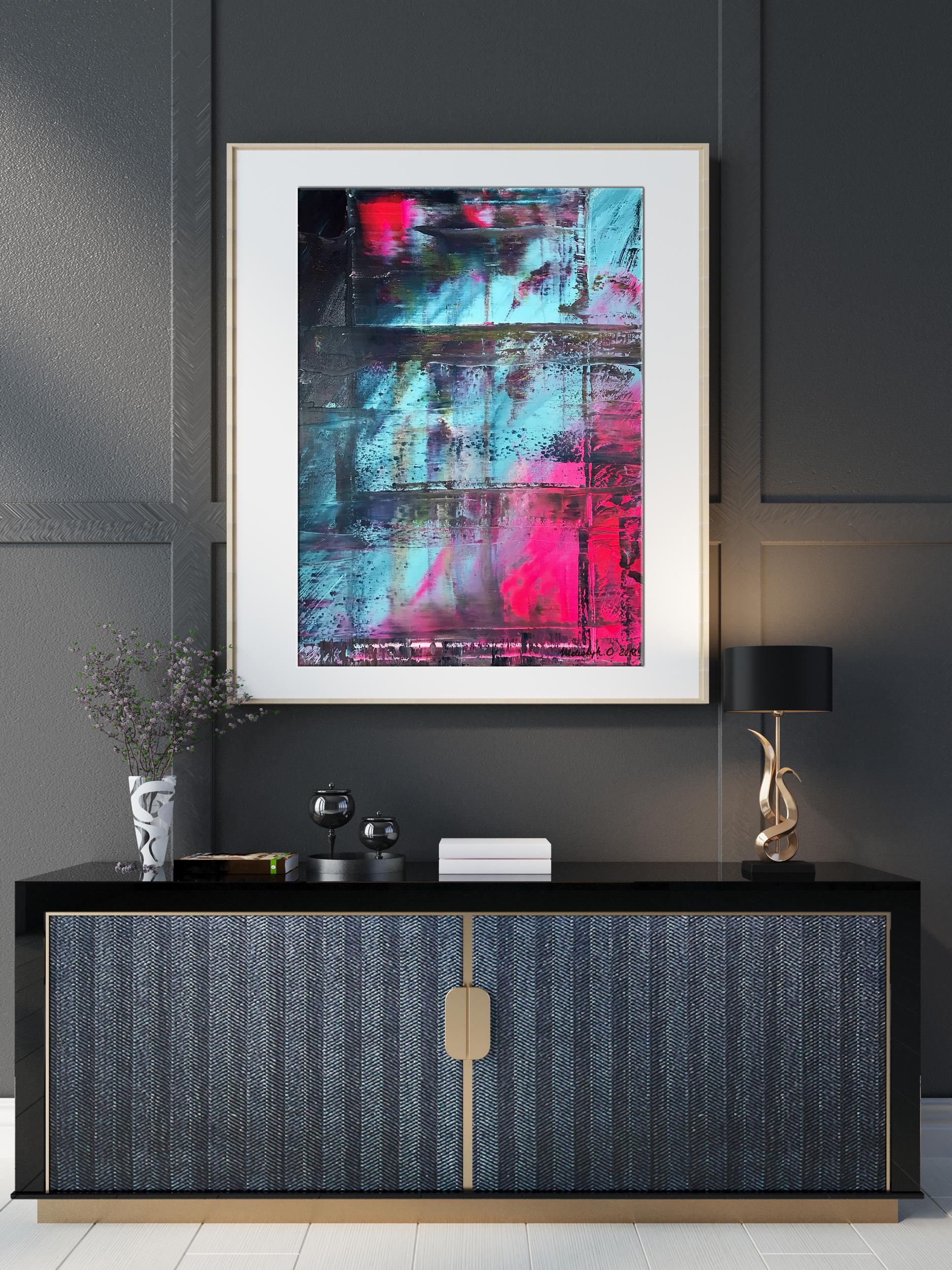 Acrylic painting My kingdom by Olga Melezhik, pink teal abstract in white frame