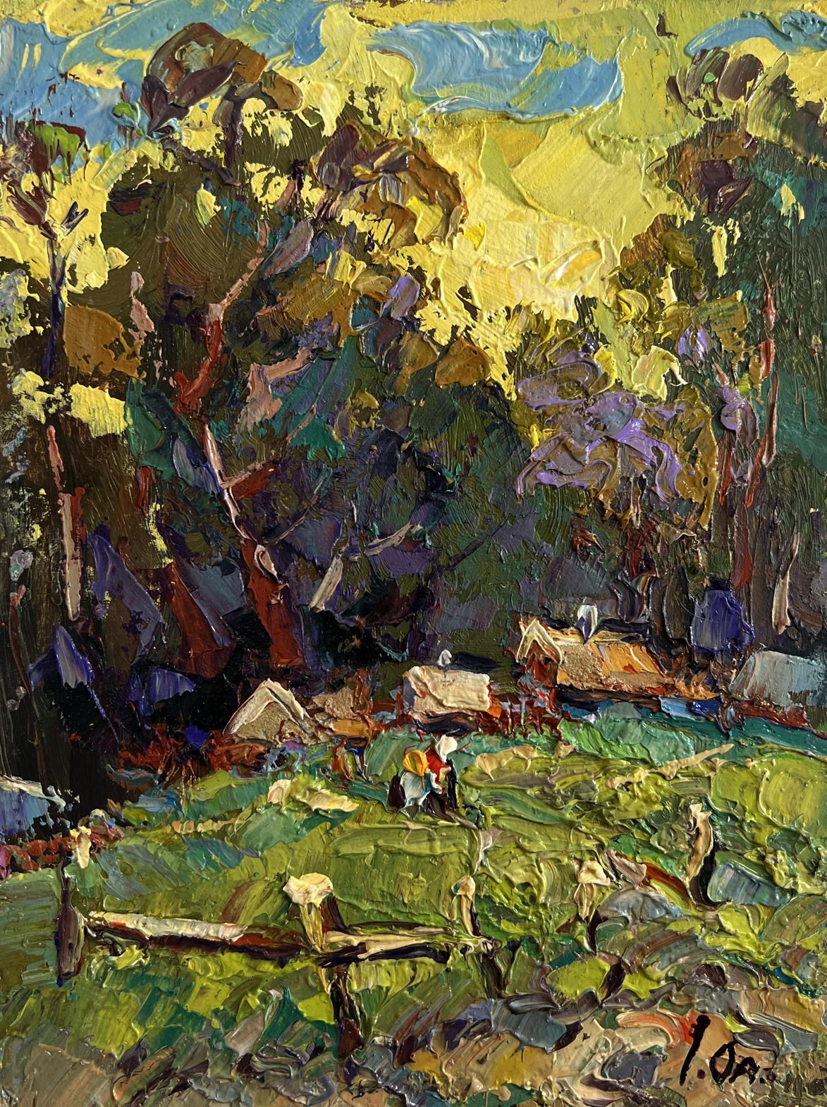 Vibrant impressionist oil painting of village near forest by Oleksiy Ivanyuk