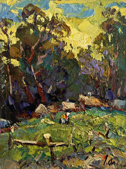 Vibrant impressionist oil painting of village near forest by Oleksiy Ivanyuk