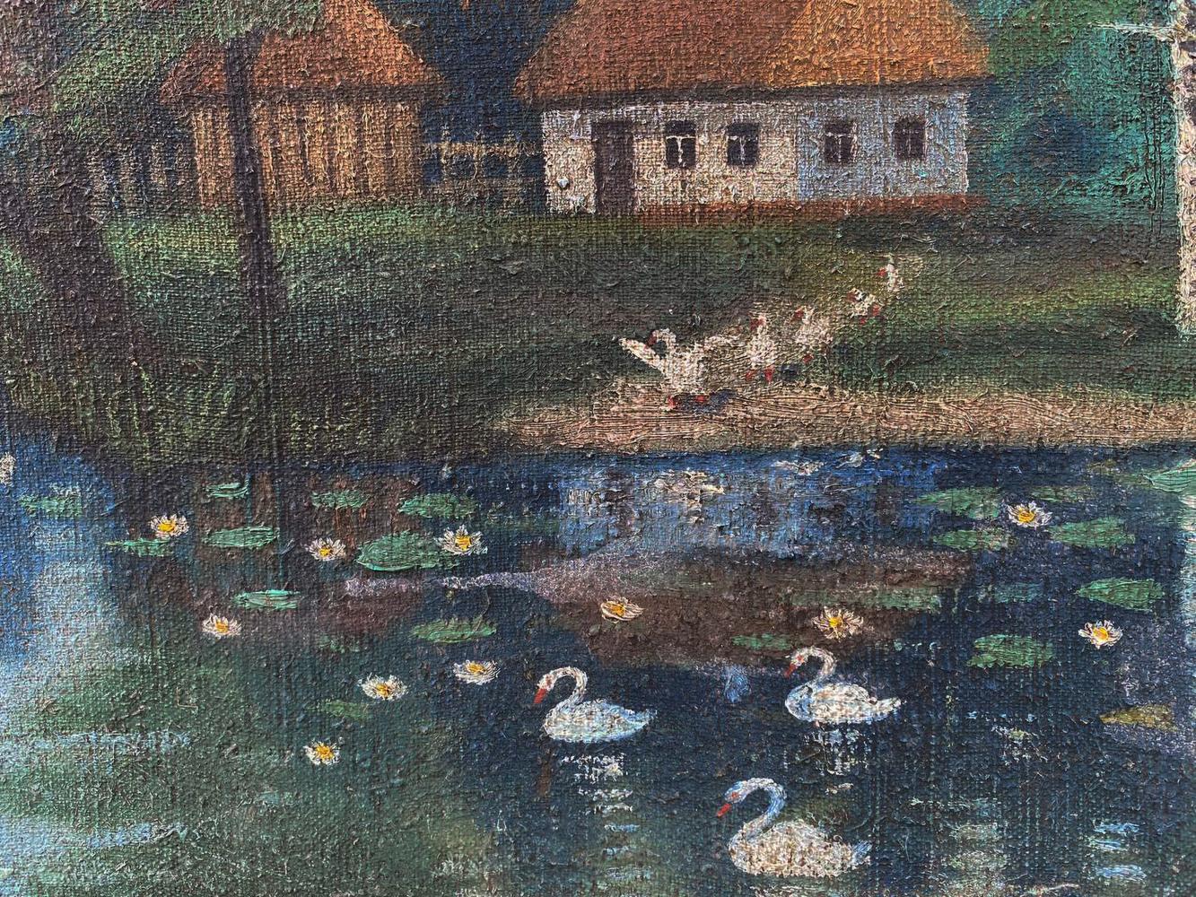 Oil painting of white swans on pond with village houses backdrop