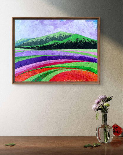 Oil painting of high green mountains by V. Zadorozhnya in wooden frame