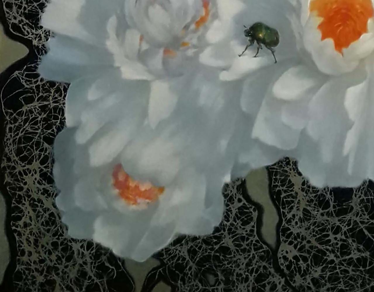 Oil painting by Vasily Korkishko: shiny green beetle on white peony