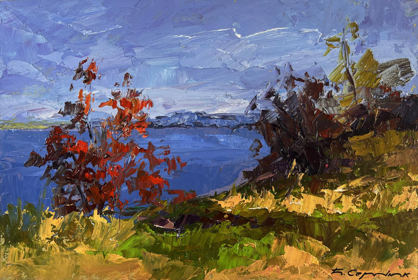 Oil painting of golden autumn trees by Boris Serdyuk against blue horizon