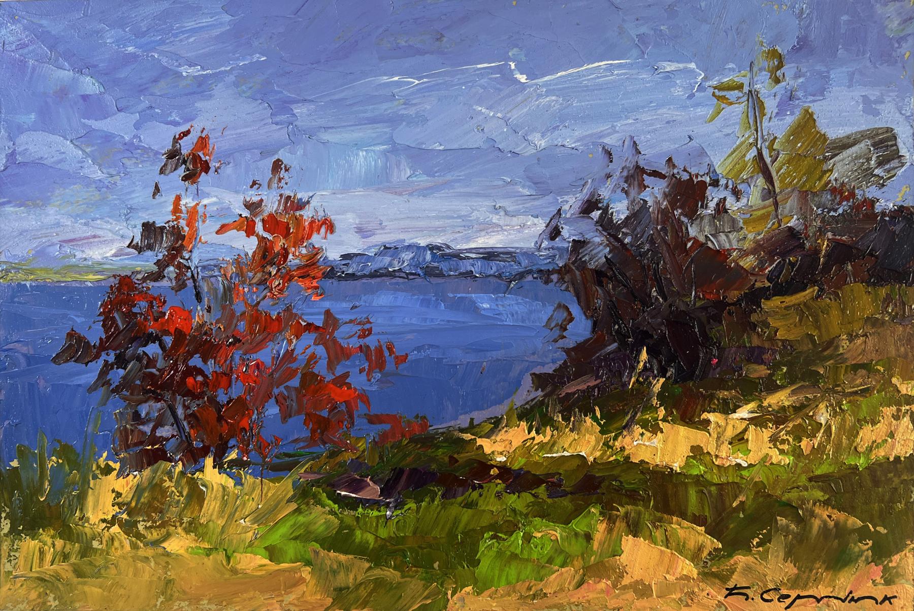 Oil painting of golden autumn trees by Boris Serdyuk against blue horizon