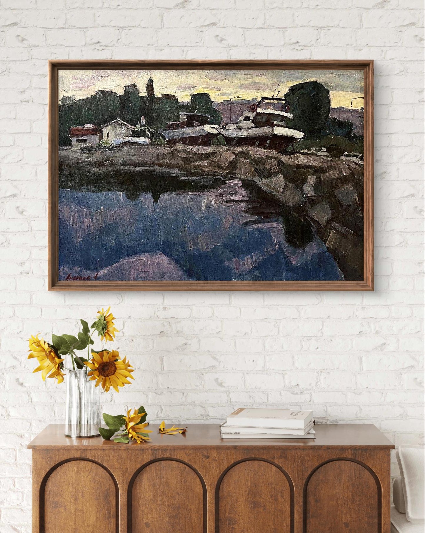 Oil painting Twilight by Oleksandr Andreev lakeside village in brown frame
