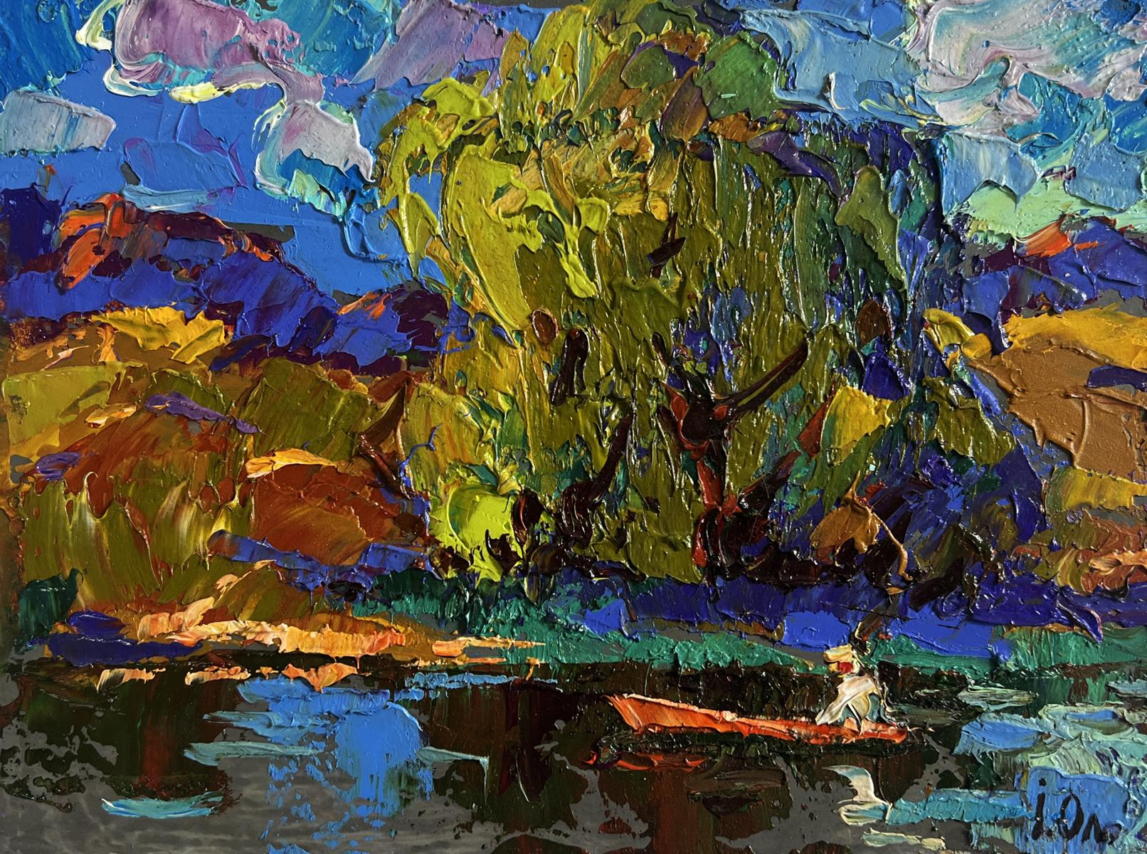 Vibrant impressionist oil painting by Oleksiy Ivanyuk: red boat sailing on lake
