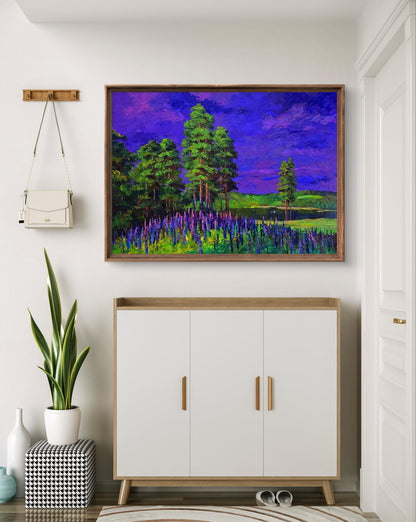 Oil painting Flowers near the forest by Boris Serdyuk with purple sky