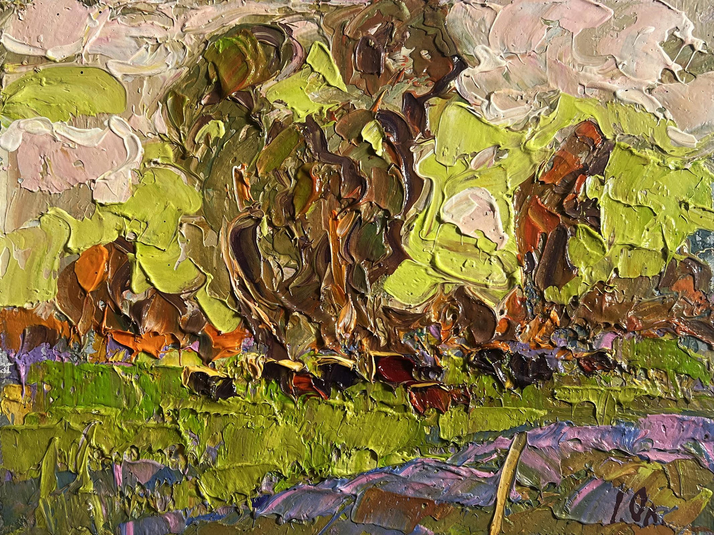 Textured impasto oil painting of lush meadows behind village by Oleksiy Ivanyuk
