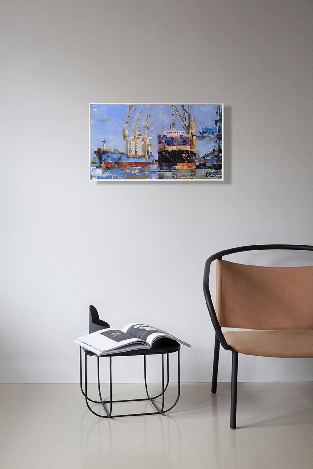 Oil painting of cargo ships in harbor by Volodymyr Gluhomanyuk, framed
