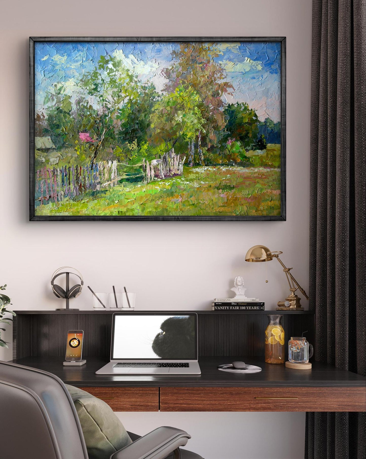 Oil painting On the outskirts Boris Serdyuk impressionist landscape in black frame