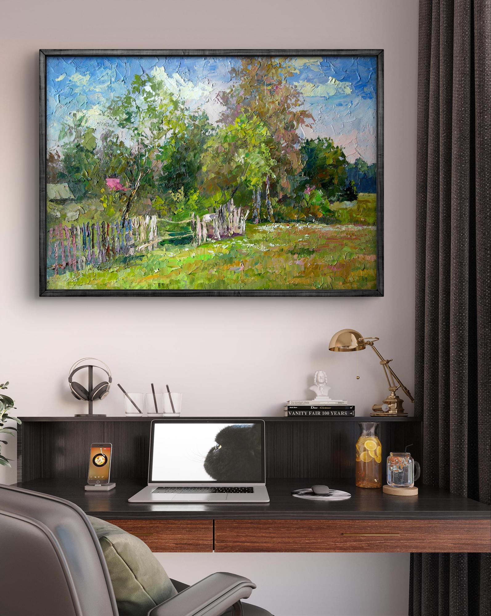 Oil painting On the outskirts Boris Serdyuk impressionist landscape in black frame