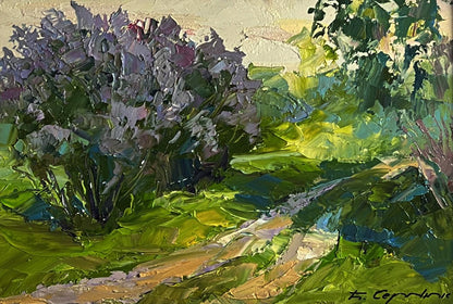 Oil painting Flowers along the road by Boris Serdyuk: purple bush and green foliage