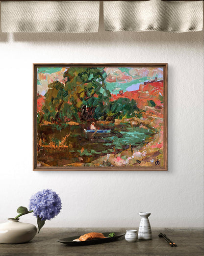 Vibrant impressionist oil painting on blue boat by Oleksiy Ivanyuk in wooden frame