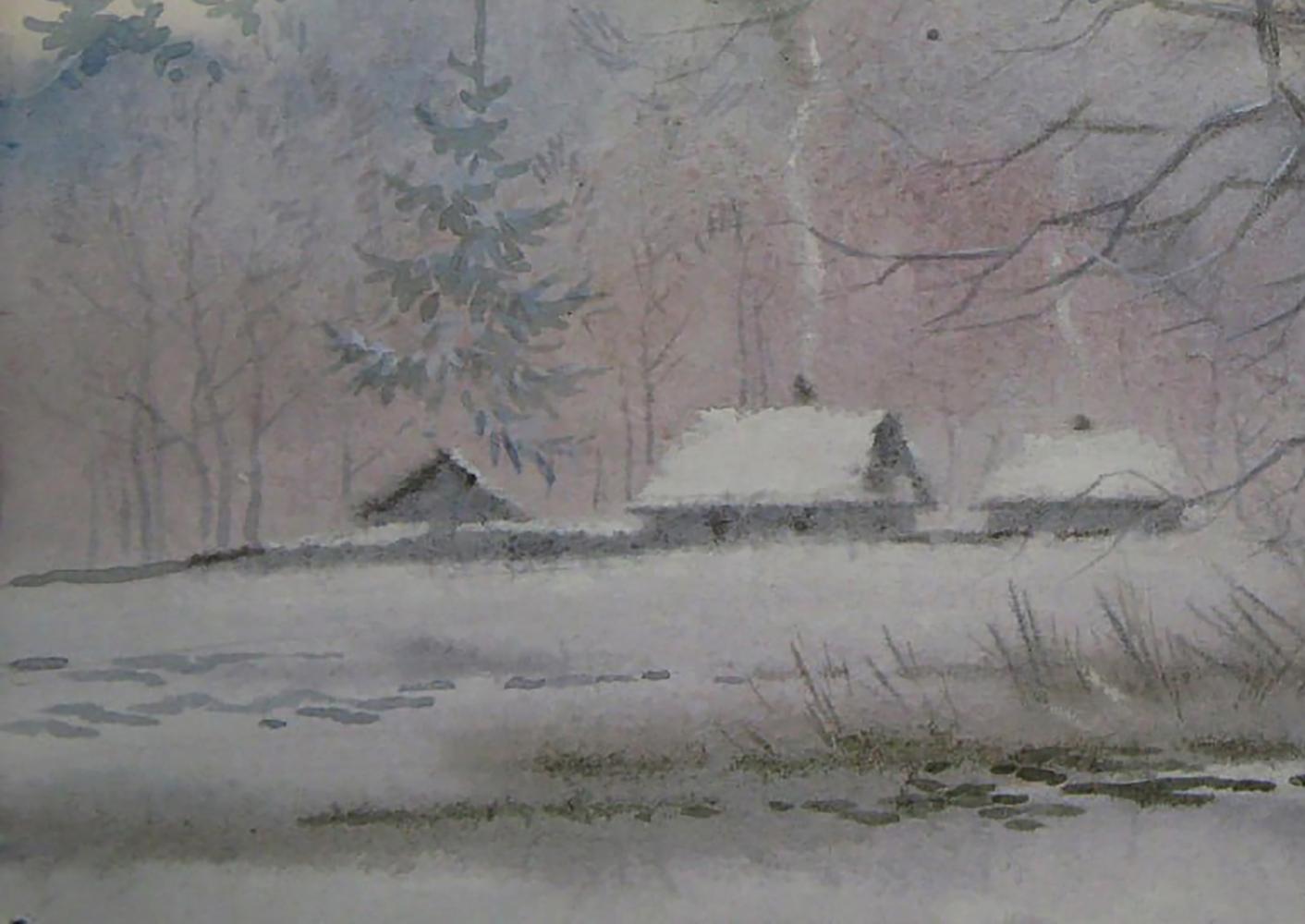 Watercolor painting of snow-covered wooden houses in winter village by Valery Savenets