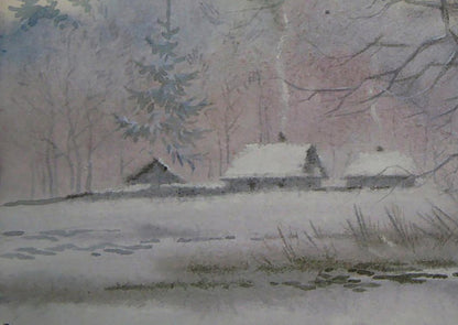 Watercolor painting of snow-covered wooden houses in winter village by Valery Savenets