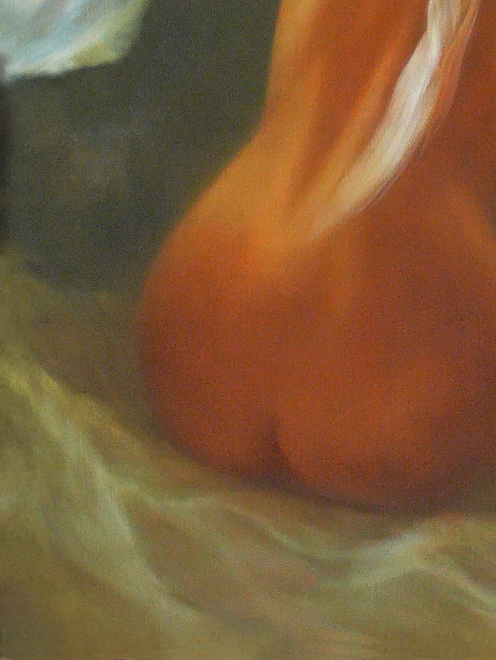 Oil painting portrait of female figure by Vasily Korkishko in orange fabric