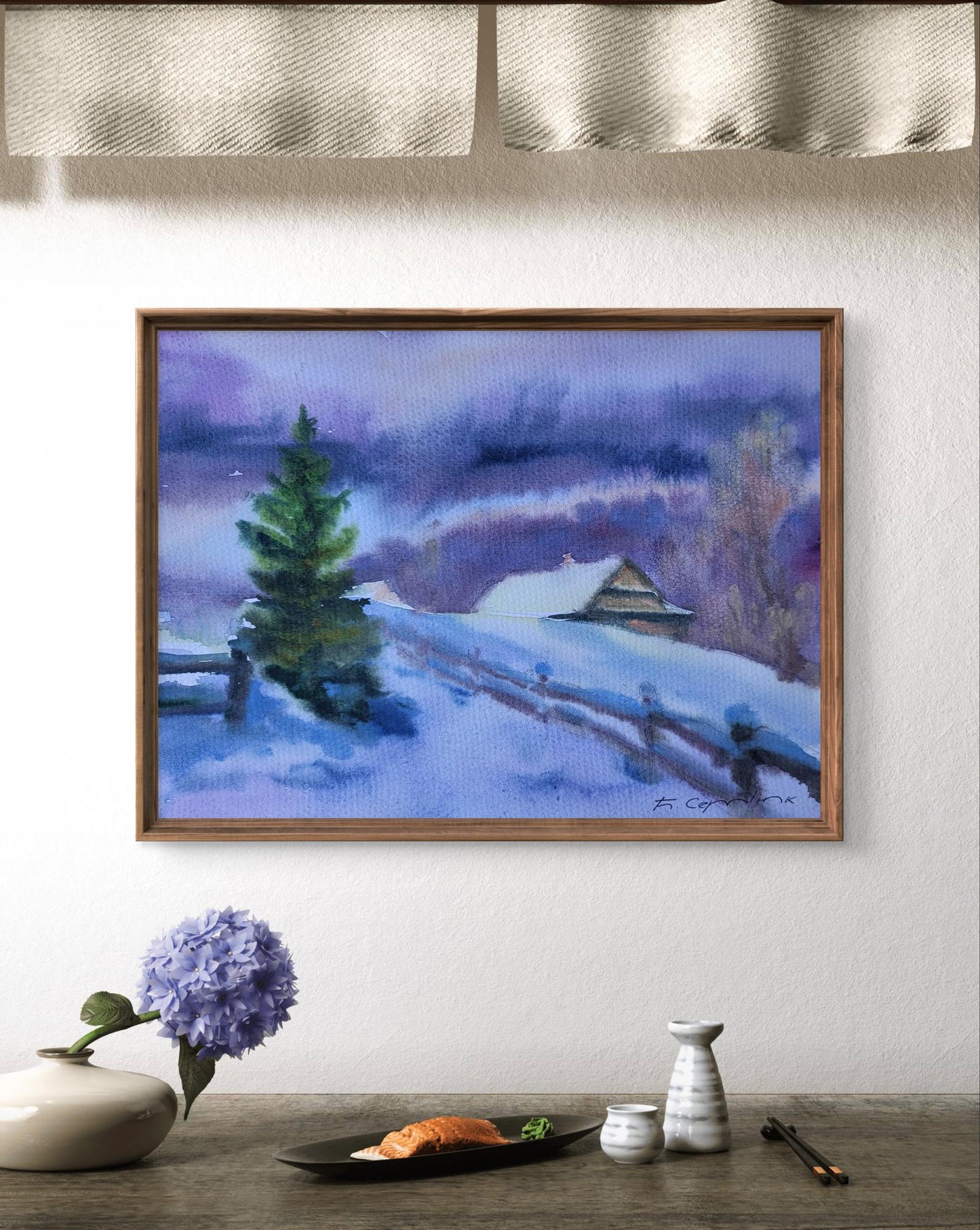Framed watercolor Silence of a snowy day by Boris Serdyuk, purple-blue landscape