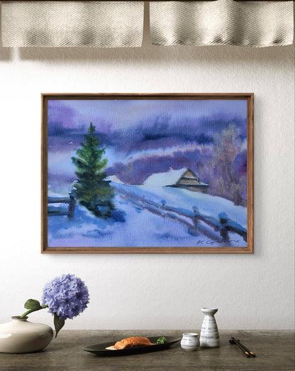 Framed watercolor Silence of a snowy day by Boris Serdyuk, purple-blue landscape
