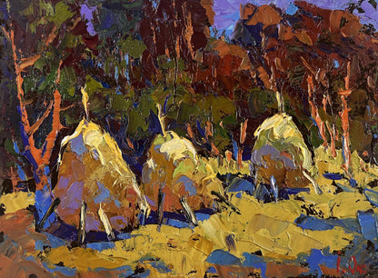 Oil painting Autumn silence by Oksana Ivanyuk: vibrant yellow haystacks, autumn trees