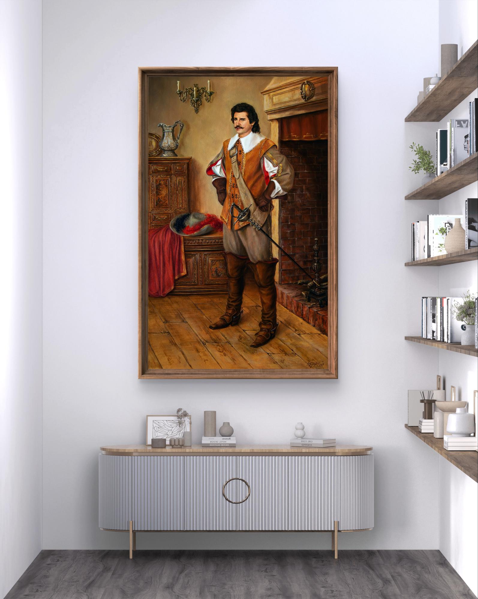 Framed oil portrait of man in orange vest by Valeriy Bulat, I will carry out my plan