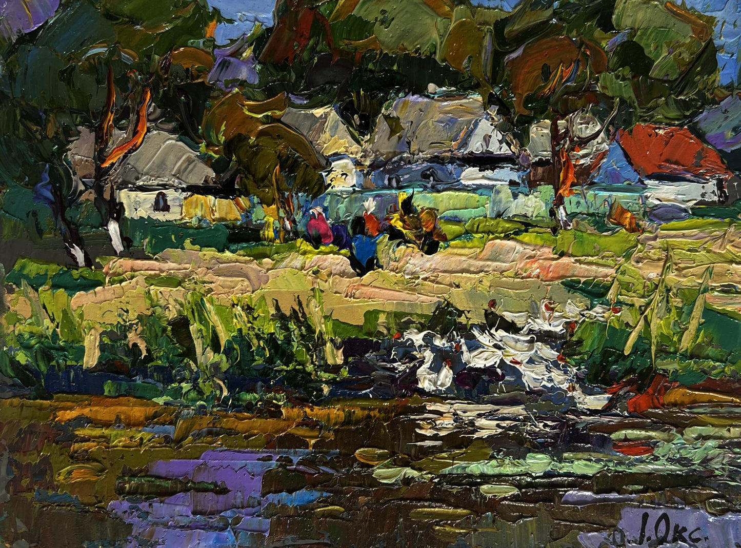 Vibrant impressionist oil painting by Oksana Ivanyuk of ducks swimming in rural river village