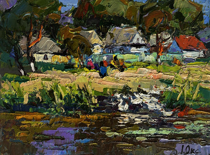 Vibrant impressionist oil painting by Oksana Ivanyuk of ducks swimming in rural river village