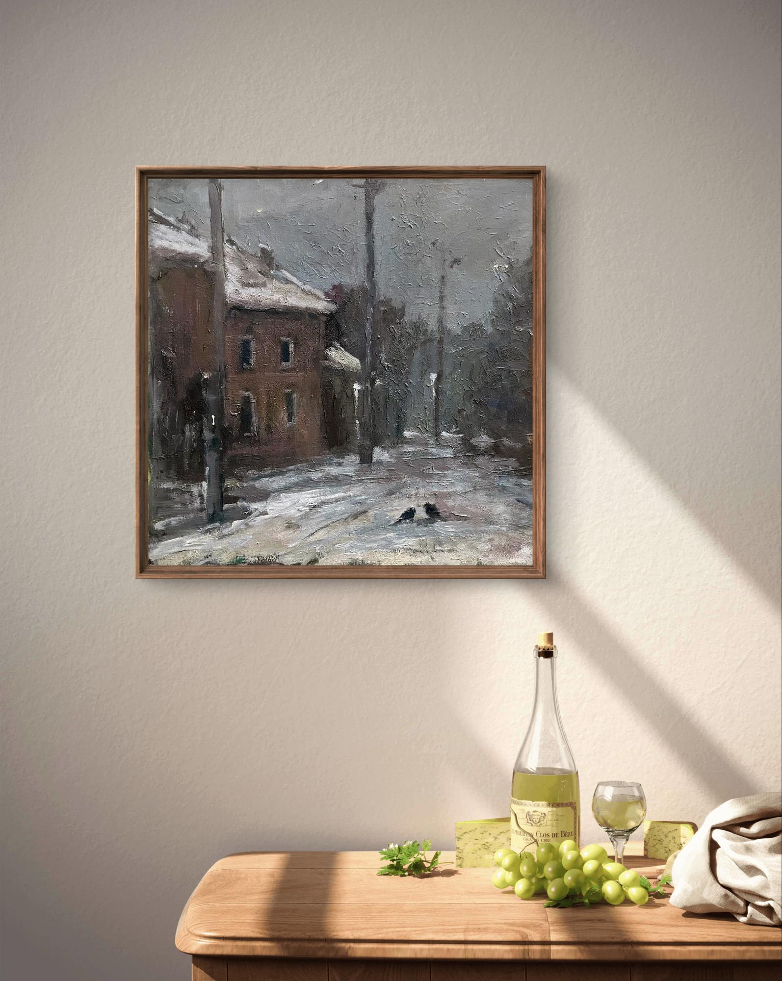 Oil painting Winter on the city streets by Volodymyr Pashchenko in wooden frame