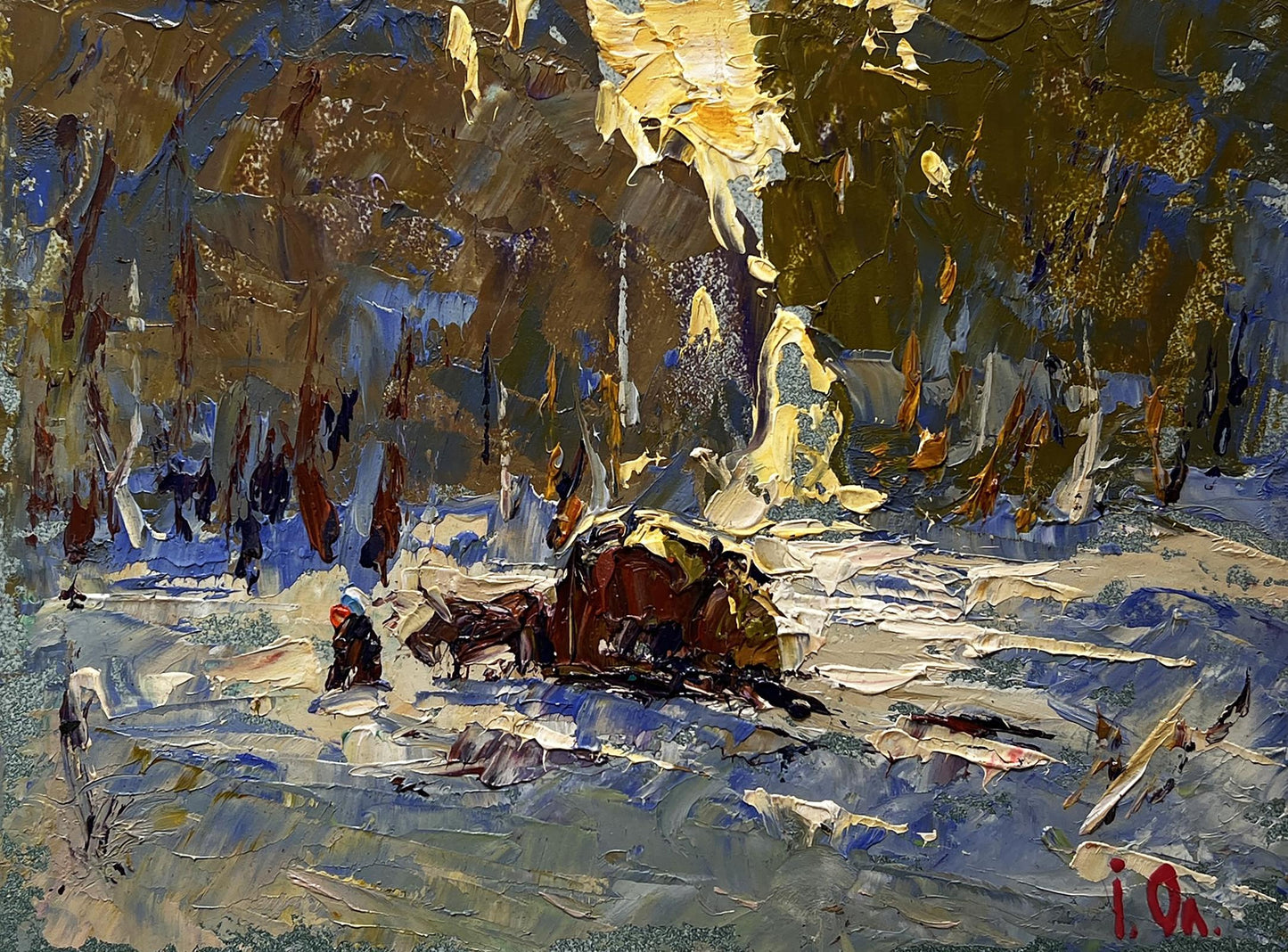 Impressionistic oil painting of snowy winter forest evening by Oleksiy Ivanyuk