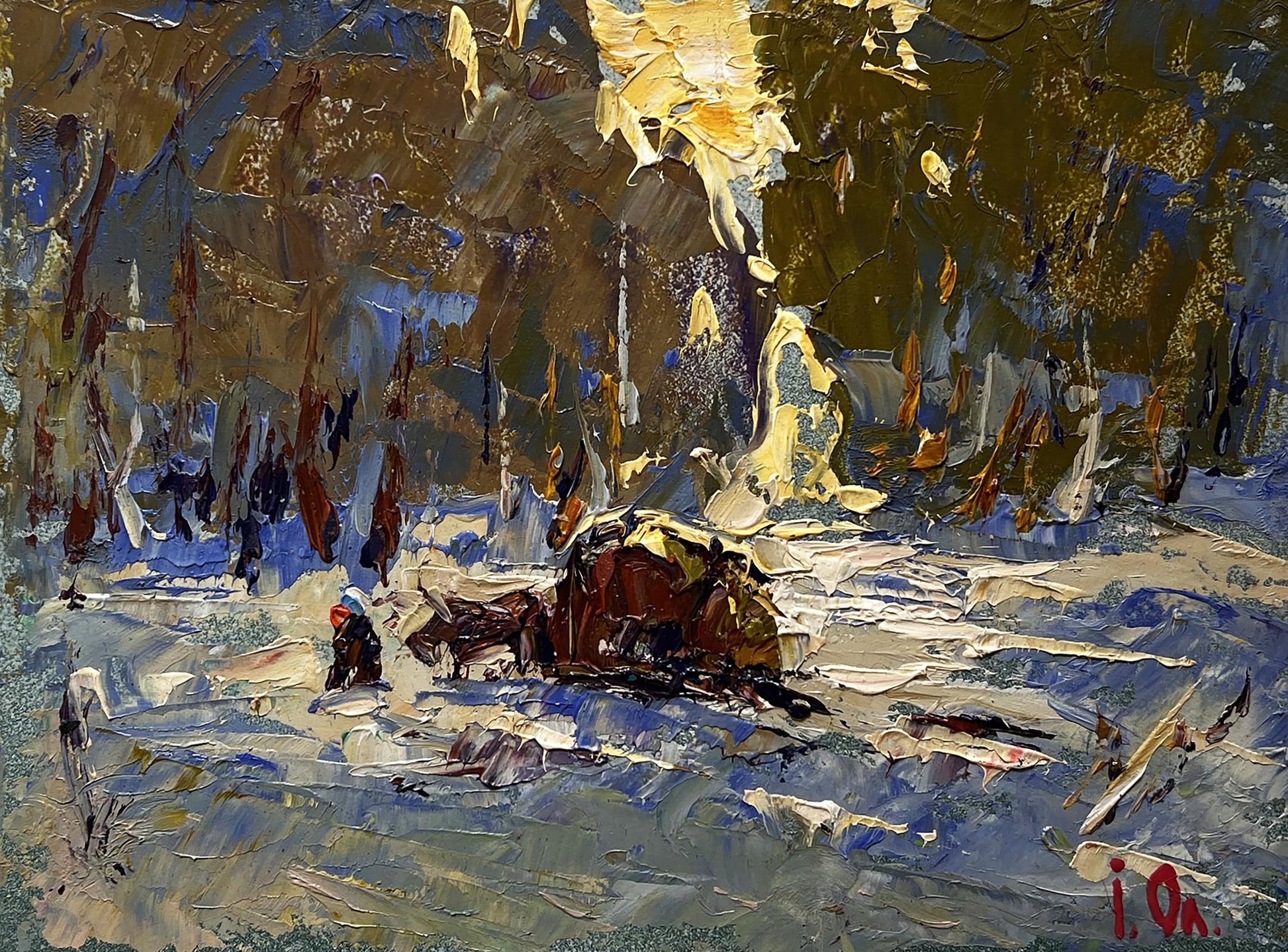 Impressionistic oil painting of snowy winter forest evening by Oleksiy Ivanyuk