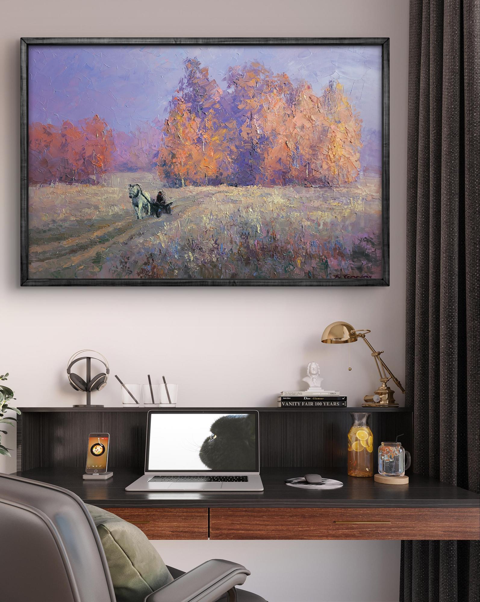 Oil painting Cold morning by Boris Serdyuk: autumn landscape in black frame