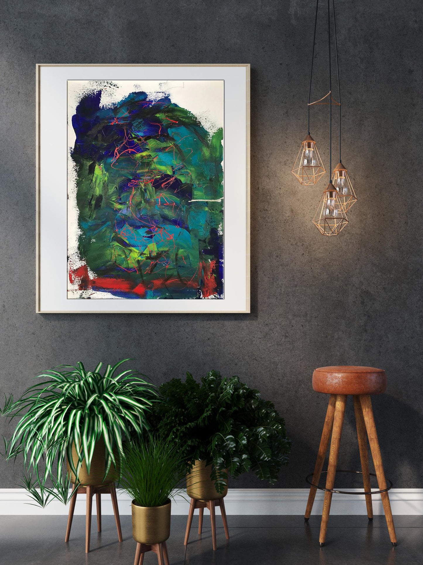 Framed acrylic painting Face Olga Melezhik with bold green blue red strokes