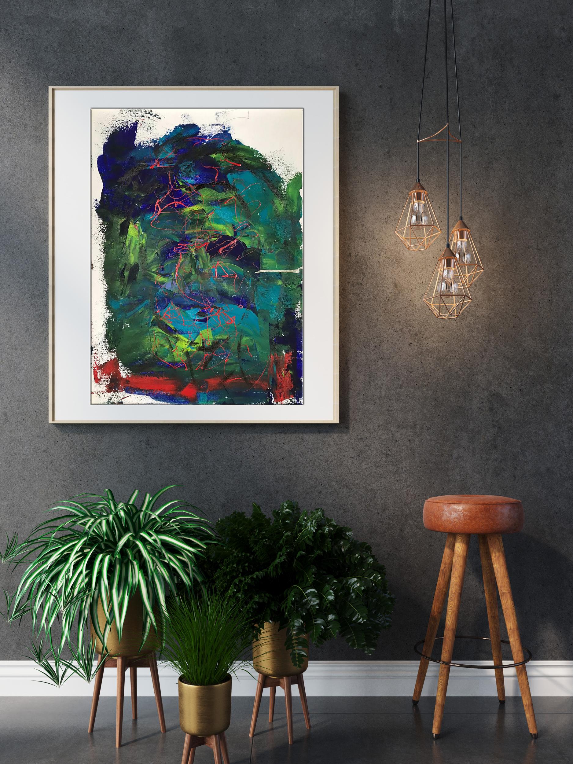 Framed acrylic painting Face Olga Melezhik with bold green blue red strokes