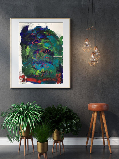 Framed acrylic painting Face Olga Melezhik with bold green blue red strokes
