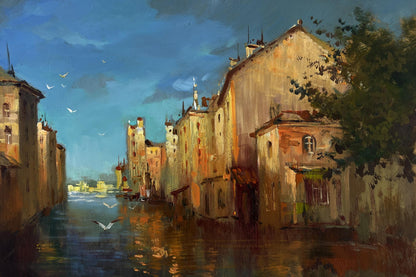 Serene oil painting of narrow canal in city on water by Yuriy Suprunchuk