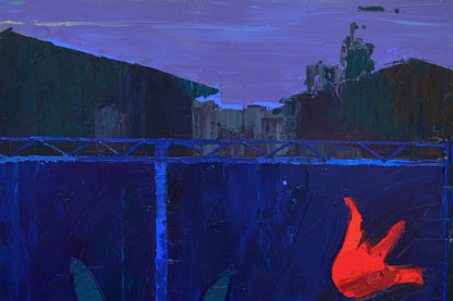 Vibrant red handprint on deep blue wall under purple sky by Natalia Korf-Ivaniuk