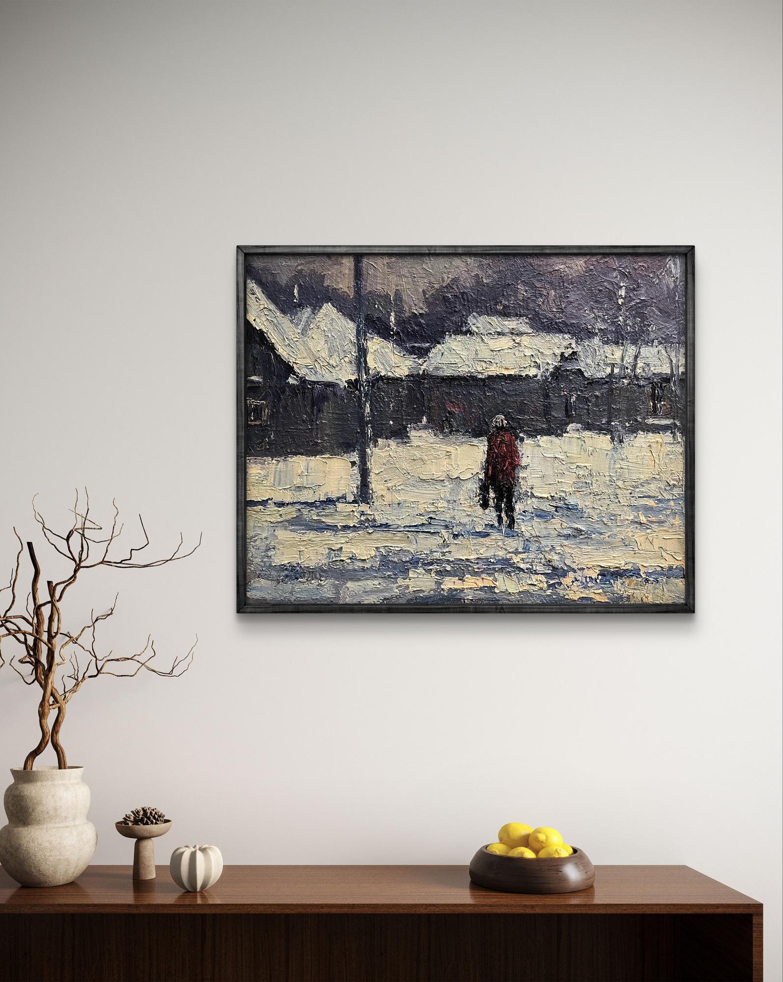 Oil painting Returning Home by Volodymyr Pashchenko, snowy village in black frame